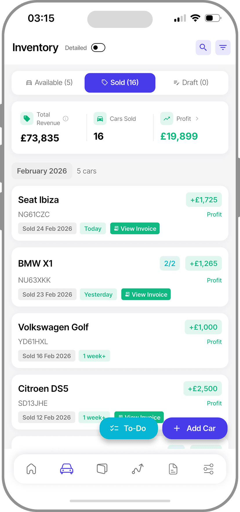 Cinvo inventory screen showing sold cars and total revenue
