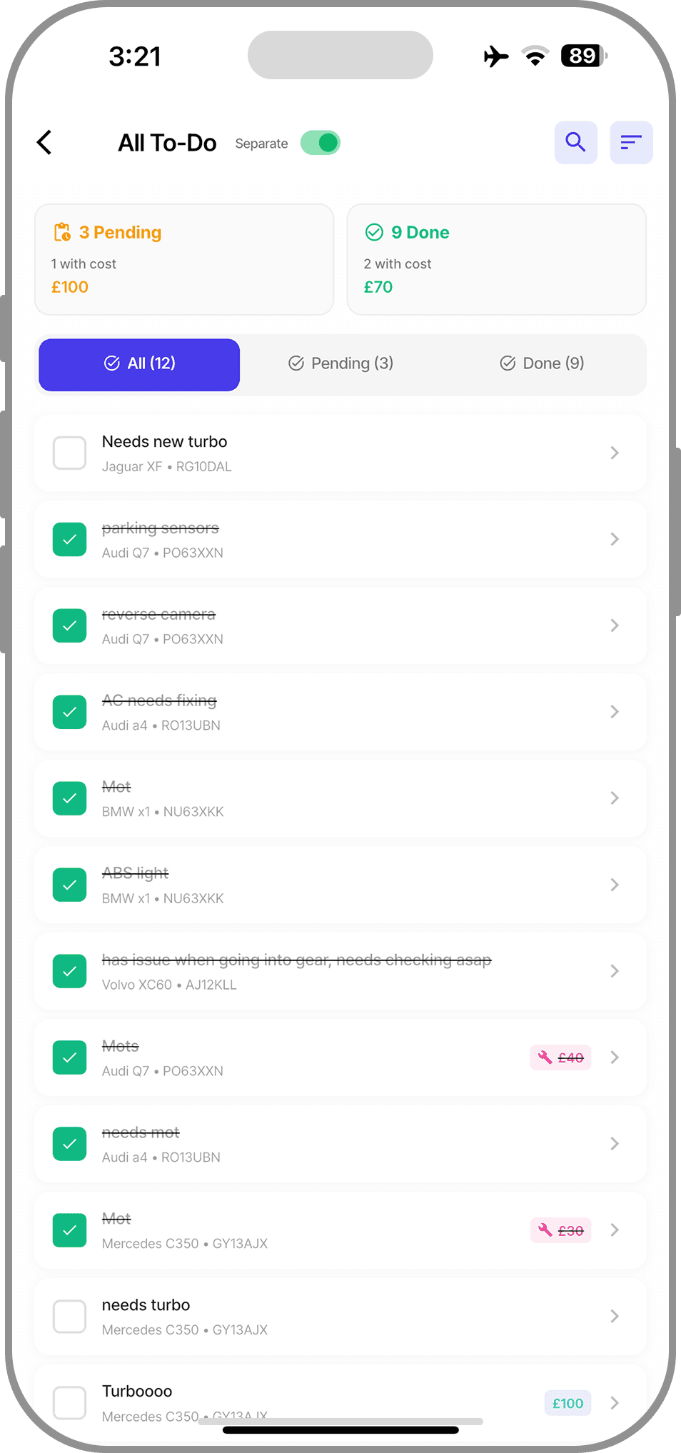Per-car to-do checklist